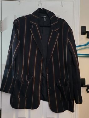 Forever 21 Classic Navy Pinstripe Blazer with Brown Stripes